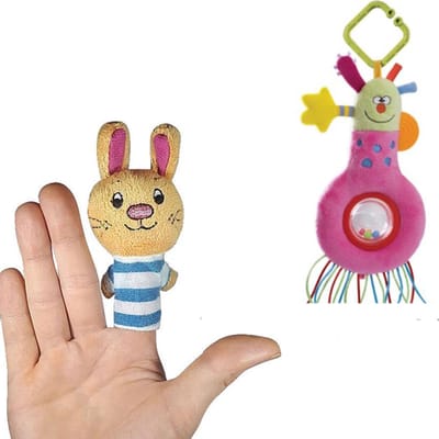 Kooky Rattles Pluche Rammelaar (Roze) 21 cm + Pluche Knuffel Vingerpop 10 cm
