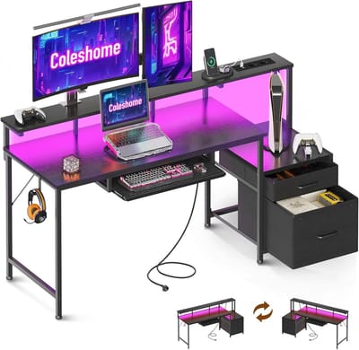 Gaming Bureau met Laden - Computerbureau met LED Verlichting, USB-poorten en Stopcontacten - Werkbureau met Monitorstandaard, Uitschuifbare Toetsenbordlade en Opbergruimte - 90,7 x 48 x 140 cm - PC Bureau voor Gaming en Thuiswerken