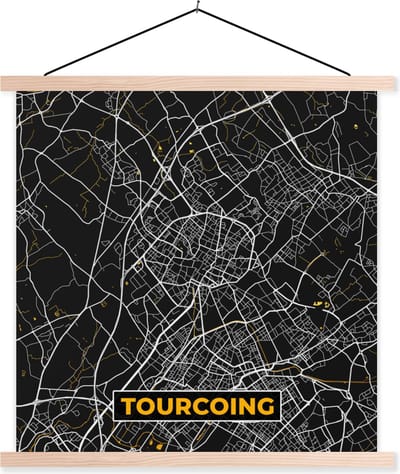 Posterhanger incl. Poster 40x40 cm - Schoolplaat - Kaart – Tourcoing - Plattegrond – Frankrijk – Stadskaart - Textielposter - Blanke latten - Stadskaart