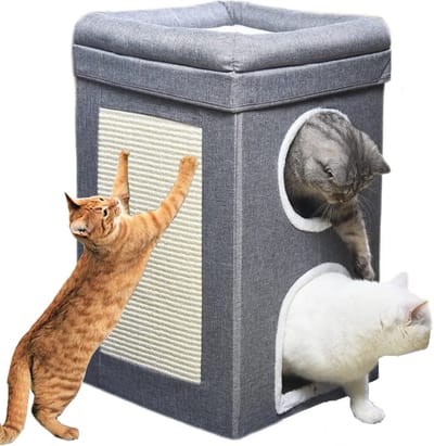 Kattenkrabpaal met Krabtoren en 2 Holten - Multifunctioneel Kattenspeelhuis met 3 Niveaus en Antislip Ondergrond