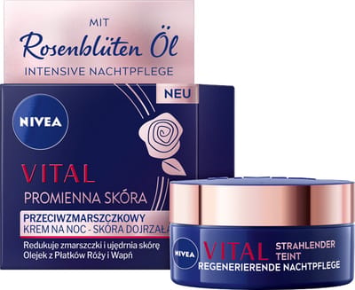 NIVEA VITAL Radiant Complexion Regenerating Night Care for Mature Skin Face Care for Firmer and Regenerated Skin Night Cream with Rose Oil Calcium and Creatine 50ml