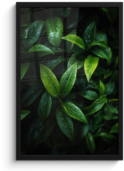 Poster in lijst - Fotolijst 40x60 cm - Posters - Bladeren - Regendruppels - Licht - Groen - Posterlijst zwart - Decoratie - Wanddecoratie woonkamer - Muurdecoratie slaapkamer