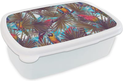 Broodtrommel Wit - Lunchbox - Brooddoos - Vintage - Papegaai - Regenboog - Jungle - 18x12x6 cm - Volwassenen