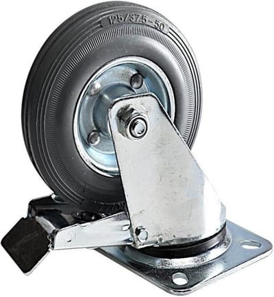 Tarsus Zwenkwiel met rem - 125 mm - Stalen velg - Massieve rubberband - 80 kg draagvermogen