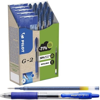 Gelpen PILOT G2-7, blauw, lijndikte 0,4 mm, documentbestendig, navulbaar, 70 % gerecycled kunststof, 12 stuks + 12 navullingen blauw
