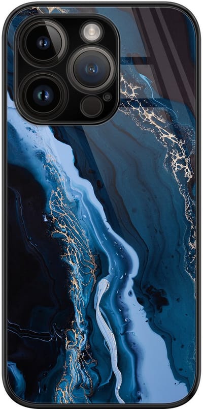 Hoesje geschikt voor iPhone 14 Pro - Marmer kobaltblauw - Luxe Glazen Hardcase - Marmer - Blauw - Leuke Telefoonhoesjes