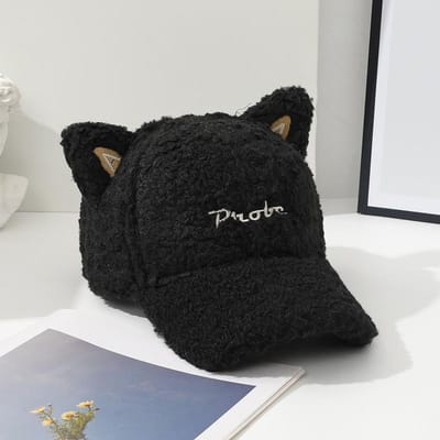 Casquette de baseball en fourrure d'agneau automne et hiver chaude et profonde circonférence de tête réglable casquette de baseball en peluche mignonnes oreilles de chat de dessin animé gray