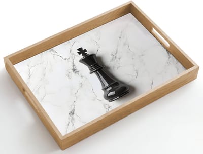 Dienblad hout 50x35 cm - Schootdienblad - Schaakstuk - Koning - Zwart - Marmer - Borrelplank rechthoek - Plateau dienbladen