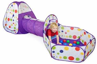 Goodz4All Paarse Tunneltent 3-in-1 Speeltent Pop Up Tent met Ballenbak en Tunnel Kruiptunnel met 15 Ballen Kinderen Popup – Kindertent Speelhuisje met Speeltunnel en Ballenbad en 15 Ballenbakballen Pop-Up Tenten