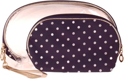 Toilettas Set Donkerblauw - Transparant & Stof - Dots Zilverkleurig - Rits & Handgreep - 21x13x2.5cm/26x16x6cm