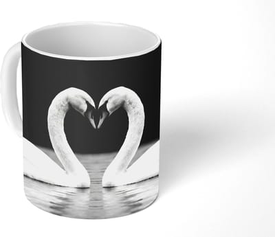 Mok - Koffiemok - Zwanen - Hart - Zwart - Wit - Mokken - 350 ML - Beker - Koffiemokken - Theemok