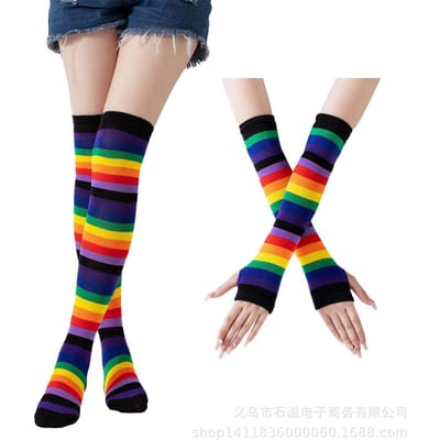 Regenboog Gebreide Sokken Handschoenen Hoge Sokken Polyester Katoen Kniekousen Dames Gekleurde Gestreepte Handschoenen Sokken Set One Size blue