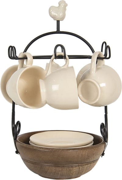 Clayre & Eef Kop en schotel Set van 6 Ø 17x33 cm Beige Keramiek Rond Kip Servies