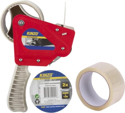Tape/plakband houder - inclusief 3x rollen verpakking plakband van 15 meter - breedte 5 cm