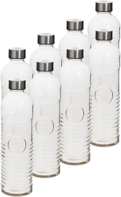 5Five Waterfles - 8x stuks -1 liter - gehard ribbel glas - D8 x H29 cm - drinkfles - Glazen drink flessen