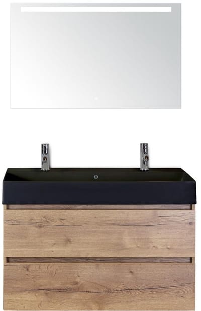 Maxx XL Badmeubelset 100 cm - Natuur Eiken - Wastafel Kube Zwart 2 Kraangaten met LED Spiegel