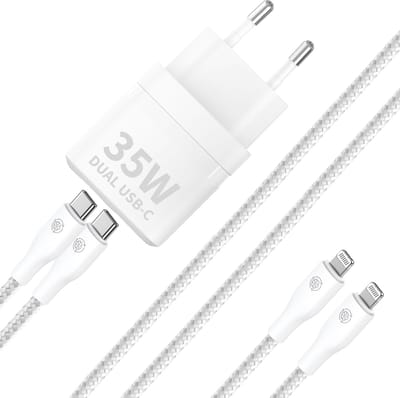 Usb C Adapter 2 Poorten - Dubbele usb C Snellader - Oplader geschikt voor iPhone 14 13 12 11 X - 1 Meter