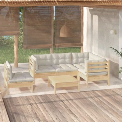 vidaXL - 6-delige - Loungeset - met - crèmekleurige - kussens - grenenhout