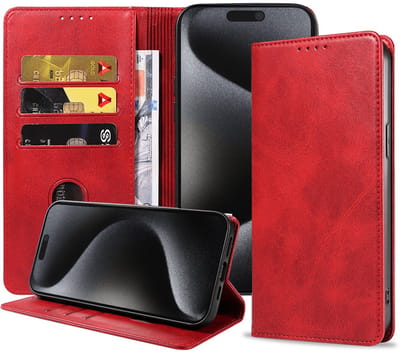 Smartphonica Telefoonhoesje Geschikt voor iPhone 15 Pro Max Kunstleer met Magnetische sluiting en Pasjeshouders Bookcase met Klepje - Rood geschikt voor iPhone 15 Pro Max