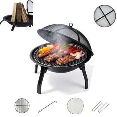 KZQ Opvouwbare vuurkorf - Vuurkorf - Barbecuegrill - Met houtskoolnet - Vuurhaak - Grillnet - Nethaak - Gaasafdekking - Geschikt voor tuinen en terrassen - 55×28cm - Zwart