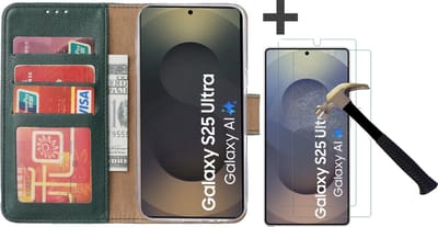 Hoesje met 2 Stuks Screenprotectors Geschikt voor Samsung Galaxy S25 Ultra – Arara bookcase met pasjeshouder - Groen