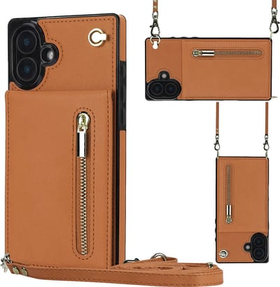 Multimedia & Accessoires Stijlvolle Leren Fashion Backcover Case Hoesje met Koord, Stand Ritsvak en Pasjeshouders geschikt voor Apple iPhone 16 - Bruin