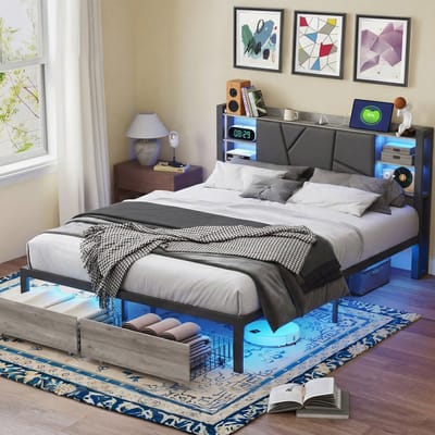 Gestoffeerd Bed 140x200 cm met LED-Verlichting & USB – Tweepersoonsbed met 2 Laden, Opbergruimte & Lattenbodem – PU Zwart – Zonder Matras