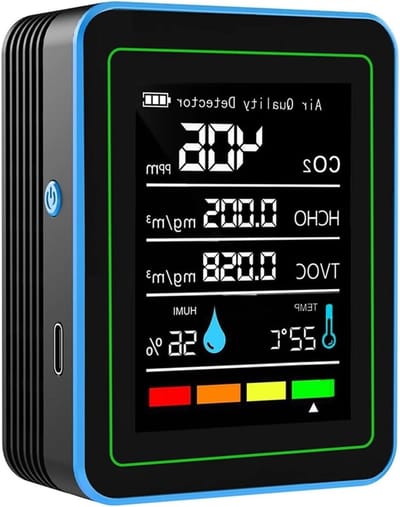 Luchtkwaliteitsmonitor - CO2 meter - Binnenlucht Meten - 5-in-1 Functies - 100x100x10 mm - Zwart