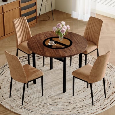 Merax Ronde Eettafel Met Veiligheidsglas En 4 Eetkamerstoelen - 100 Cm - Bruin Zwart