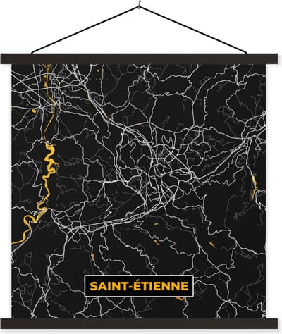 Posterhanger incl. Poster 60x60 cm - Schoolplaat - Stadskaart - Plattegrond - Saint-Étienne - Frankrijk - Kaart - Textielposter - Zwarte latten - Stadskaart