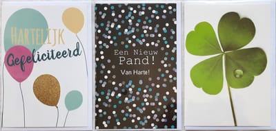 3 Wenskaarten - Een Nieuw Pand! Van Harte + Hartelijk Gefeliciteerd + Blanco Kaart Klavertje 4 - 12 x 17 cm – WON-310