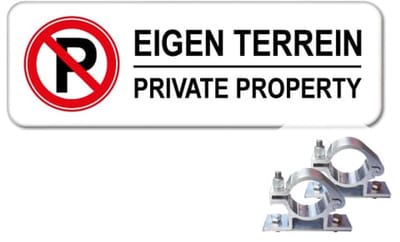 Parkeerbord Eigen Terrein - Private Property - Weerbestendig Aluminium - 40x15 cm - Bevestiging: Met paalbeugels Ø48mm
