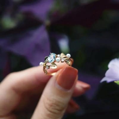 Nieuw product blad-gewikkeld parel aquamarijn druppelvormig opening verstelbare ring voor vriendinnen en vrienden vakantiecadeaus resizable blue