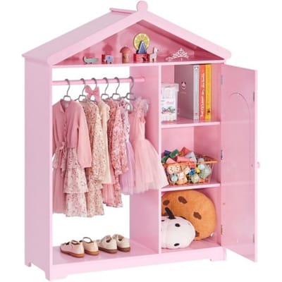 VEVOR Kinderkledingkast 85x31x113,5 cm, Kinderkledingkast met spiegel, kledingstang en planken, Kleedkamerkast van MDF met kastdeur voor meisjes, Kinderkledingkast voor verkleedkleding en poppenkamer, Roze