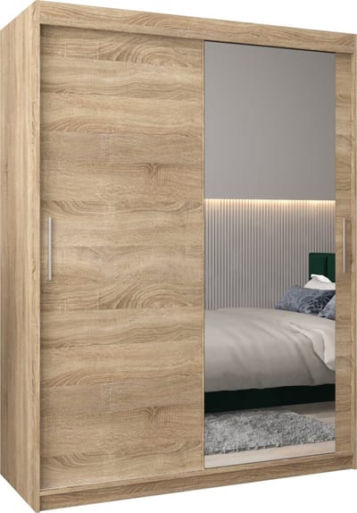 InspireMe - Kledingkast met 2 schuifdeuren, Modern-stijl, Kledingkast met planken (BxHxD): 150x200x62 - TORM II 150 Sonoma Eik