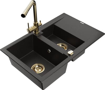 Mexen Gaspar granieten gootsteen met 1,5 bakken en afdruiprek en keukenkraan Duero, zwart/goud metallic - 6507-75-671600-50