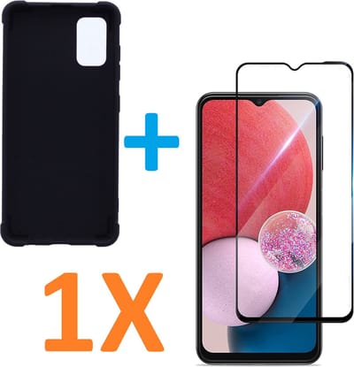 Anti-Shock silicone hoesje zwart met 1 Pack Full Tempered glas Screen Protector Geschikt voor: Samsung Galaxy A13 4G