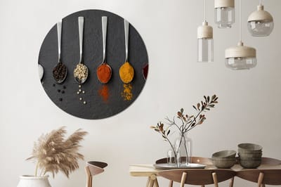 WallCircle® Wandcirkel 120x120 cm - Muurcirkel Specerijen - Lepels - Tafel - Rustiek - Kruiden - Muurdecoratie woonkamer - Wanddecoratie slaapkamer - Kamer decoratie accessoires - Ronde schilderijen XXL
