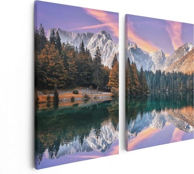 Artaza Canvas Schilderij Tweeluik Meer Met Weerspiegeling Van De Bergen - 80x60 - Foto Op Canvas - Canvas Print