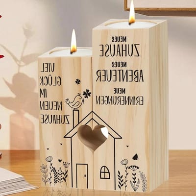 Cadeau voor Huiswarming: Houten Kaarsenstandaard van 11.7cm en 10cm, Perfect voor Vrienden, Collega's en Familie, Inclusief Kaarsen en Decoratie