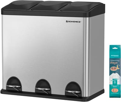 SONGMICS - Prullenbak - Pedaalemmer - Prullenbak voor Keuken - 3 Vakken - Met Binnenemmers en Stickers voor Afvalscheiding
