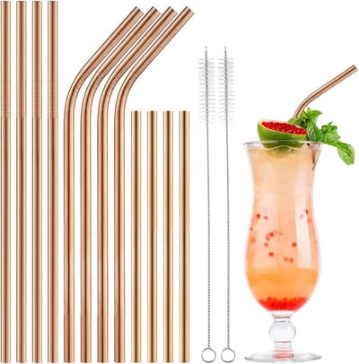 Famanu Metalen rietjes, herbruikbare rietjes, roestvrij staal, 12-delige brons, dunne rietjes, set feestrietjes, BPA-vrij, met 2 reinigingsborstels, vaatwasmachinebestendig, voor cocktails, smoothies en sappen