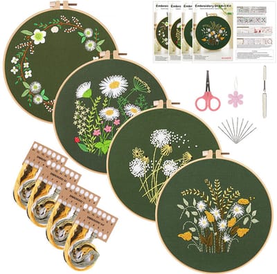 4-Delige Borduurpakket Volwassenen/Beginners – Mindful Bloemen – Complete DIY Kruissteek Set Groen-Belle's product
