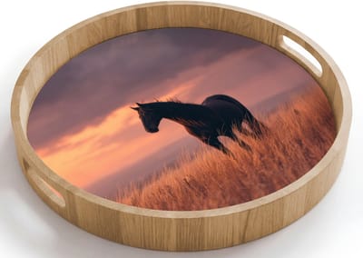 Dienblad rond 40x40 cm - Schootdienblad hout - Paard - Wolken - Open veld - Borrelplank rechthoek - Plateau houten dienbladen