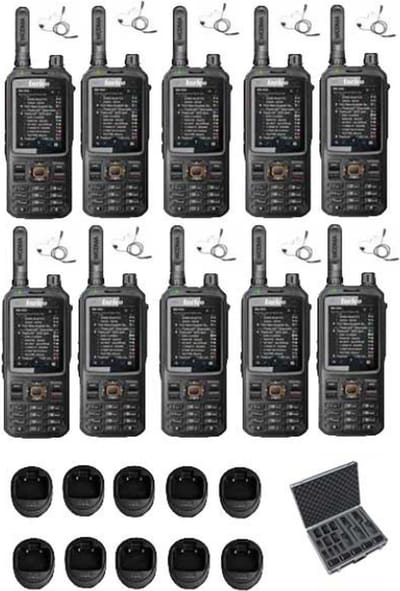Set van 10 Inrico T320 V2 4G LTE Zello Portofoon, GPS, Wifi met tafellader beveiliging oortje en koffer