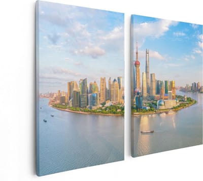 Artaza Canvas Schilderij Tweeluik Skyline Shanghai Stad in China - 80x60 - Foto Op Canvas - Canvas Print