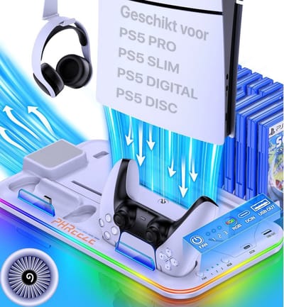 Docking Station Geschikt voor Playstation 5 (PS5 Pro, Slim, Digital & Disc) - Oplaadstation met Ventilatie, Headset Houder & Controller Oplader - Accessoires