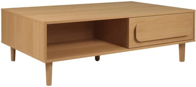 sweeek - Vintage salontafel houtdecor met 1 lade en 2 vakken 120cm - juliana