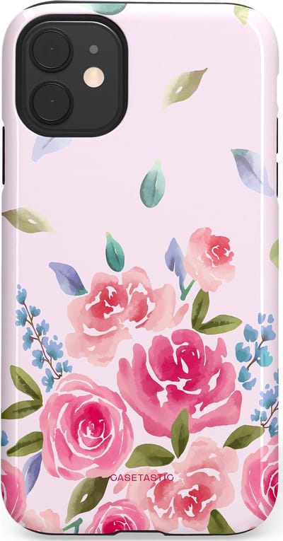 Casetastic hoesje geschikt voor Apple iPhone 11 - Dubbellaagse bescherming - Aquarel Bloesem - Fashion Case - Lichtroze Lila Saliegroen