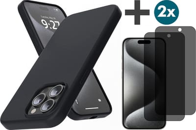 Hoesje met Privacy Screenprotectors 2 Stuks Geschikt voor iPhone 15 Pro Max Hoesje Siliconen - liquid case - Arara Backcover - Zwart